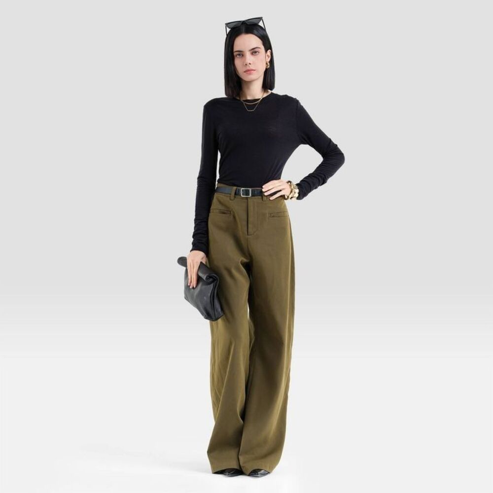 Women's High-Rise Welt Pocket Wide Leg Trousers - A New Day Olive Green 14 - Picture 3 of 5